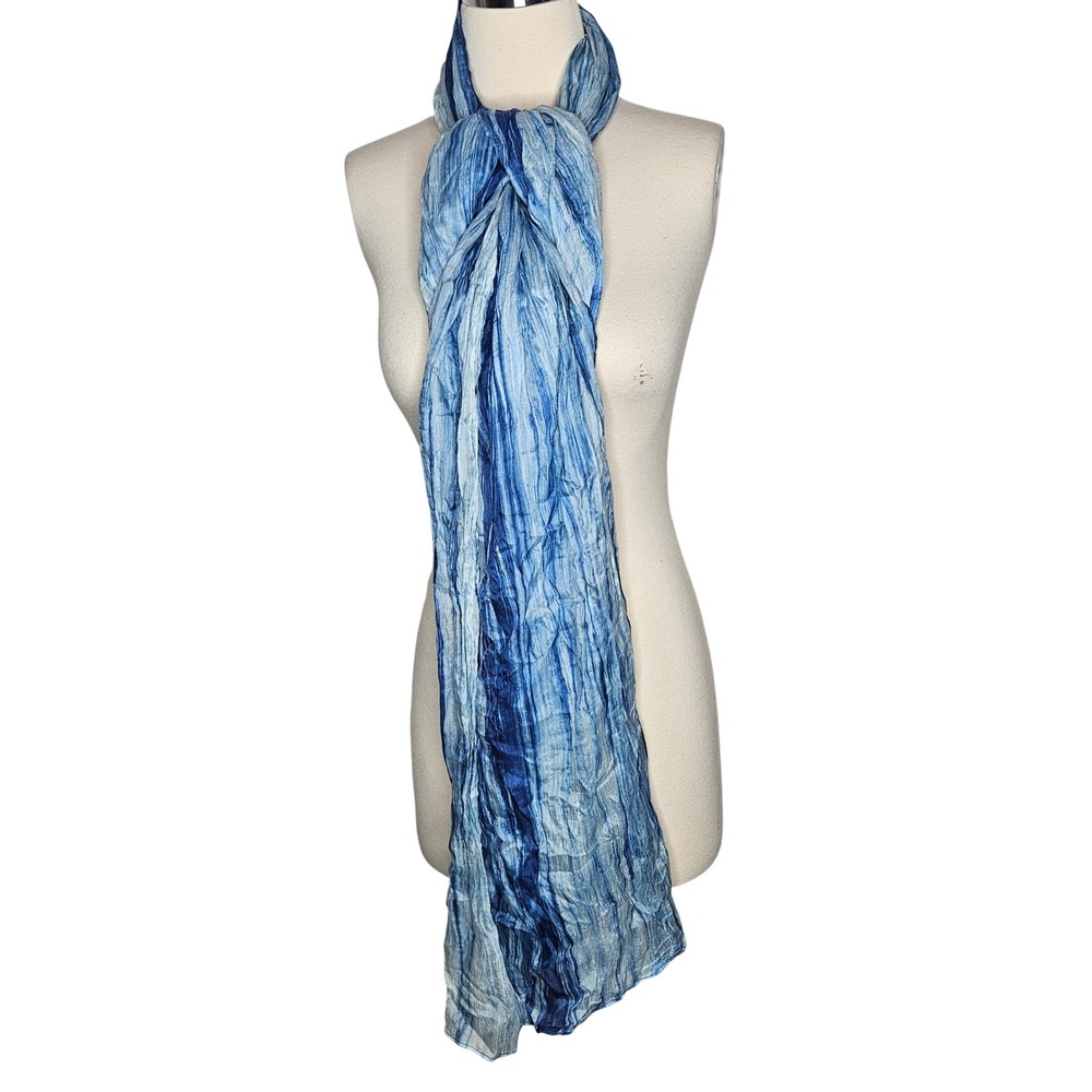 LuA 100% Silk Scarf Blue Tie Dye Crinkle Lightweight Boho Wrap Shawl Long